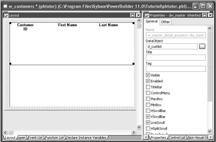 Lesson 8 Attaching the DataWindow Objects 3 Right-click the top DataWindow control (dw_master) in the Layout view. If the Properties view is not displayed, select Properties from the pop-up menu.
