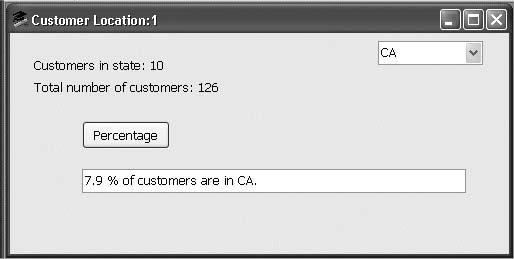 Run the application 6 Select or type CA in the drop-down list box and click the Percentage button. The results from the database show 10 customers in California for a total of 7.