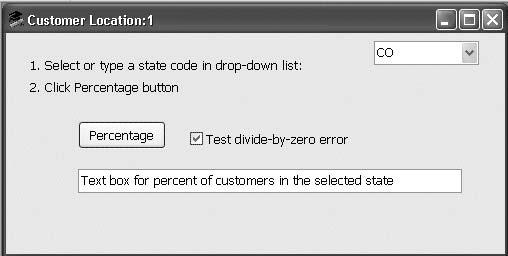 Run the application 5 Type the following text just above the CHOOSE CASE statement: //Set denominator to zero to test error condition //Numerator unimportant, avoid user exception cases TRY IF