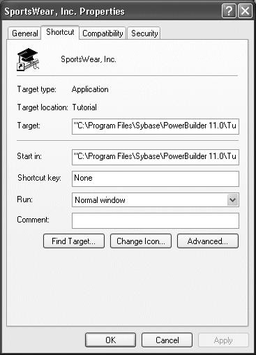 Create a shortcut 8 Right-click the SportsWear, Inc. icon on the desktop. Select Properties in the pop-up menu. The properties sheet for the desktop shortcut displays. 9 Select the Shortcut tab.
