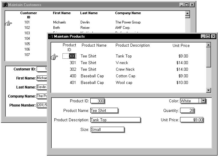 Learning to build a client/server application Customer and Product windows The MDI application includes two windows that provide access to the Customer and Product tables in the