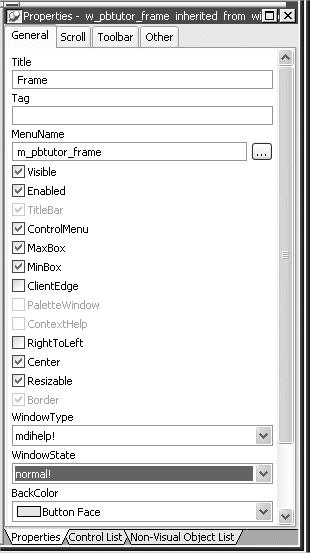 Lesson 1 Starting PowerBuilder 3 Scroll down and select normal! in the WindowState drop-down list box.