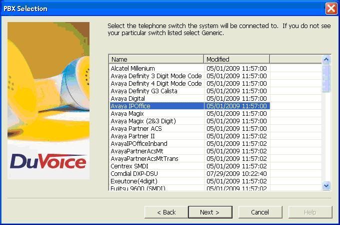 The PBX Selection screen is displayed. Select the Avaya IPOffice entry, and click Next.