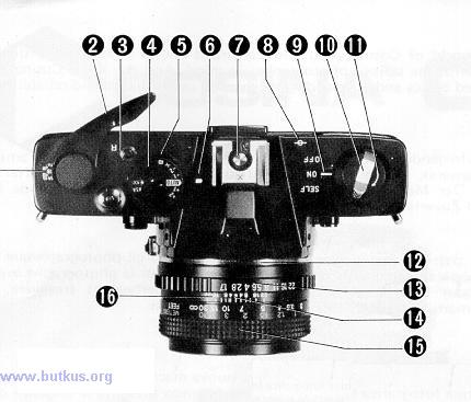 Description of Controls 1. Exposure Counter Window 2. Advance Lever 3. Film Rewind Button 4. Selector Dial 5. Film Speed Knob 6. Index Mark 7. Hot Shoe 8. Film Plane Reference 9.