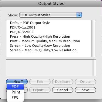 5. Create a PDF Output Style Launch QuarkXPress. From the Edit pull-down menu, choose Output Styles... In the Output Styles window, select PDF Output Styles from the Show: menu.