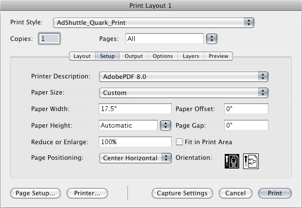 Paper Width: Should equal Trim width + 1 inch to accommodate Marks and Bleed Paper Height: Automatic Page