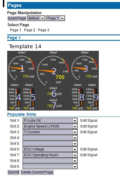 Each slot position can hold one widget type. A widget is for example a needle instrument or a bargraph. Each widget can be assigned a signal. In the example above, three pages are already created.