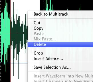 Deleting part of a sound file To delete part of a sound file (without deleting the whole thing) first select the waveform area that you don t like.
