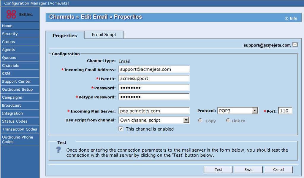 Figure 64: Email Channel page, Properties tab 3. Enter or select the values for the following properties of an email channel. a. Incoming Email Address b. User ID c. Password d.