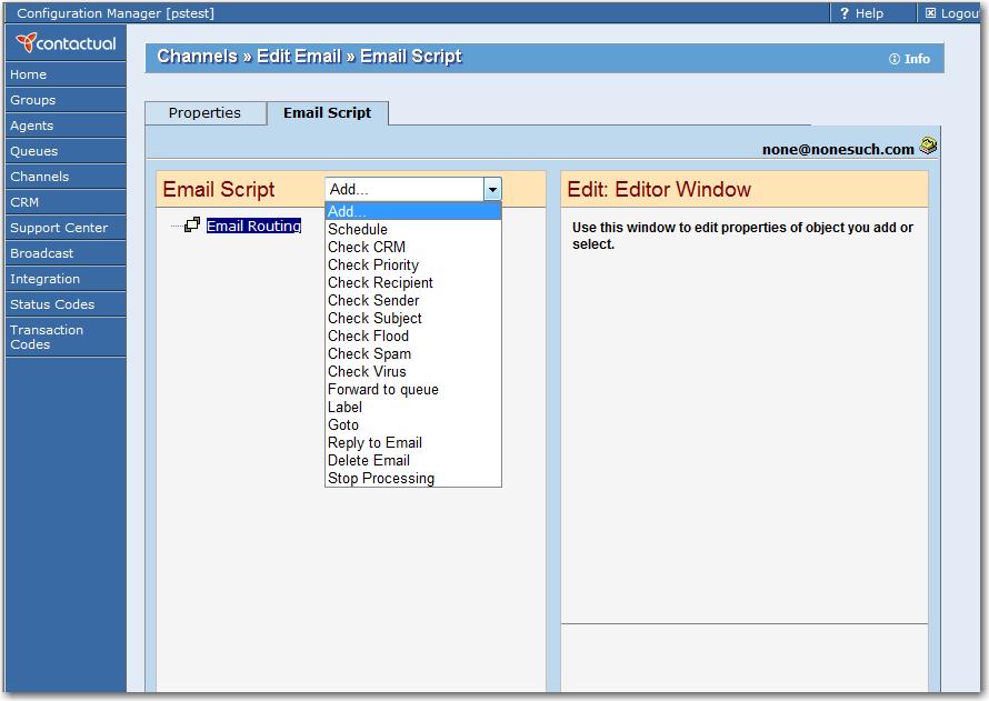 Email Channel, Properties tab option This Channel is enabled Description If you have more than one email channel, choose another channel's previously defined IVR script.