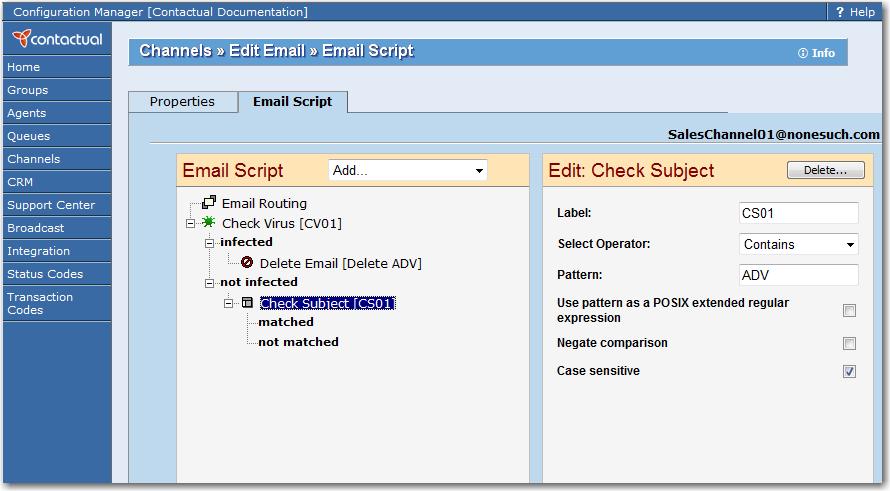 c. In the Pattern text entry area, type ADV. d. Clear Use pattern as a POSIX extended regular expression and Negate comparison. e. Select Case Sensitive. f. Click Save.