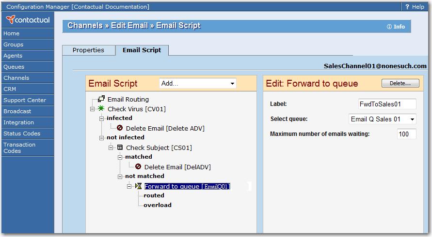 The Configuration Manager inserts the Delete Email script object below the matched label. The email script will delete all incoming email messages that contain ADV in the subject line. 2.