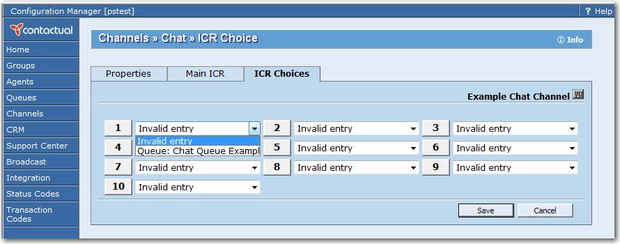 Figure 71: Chat channel, ICR Choices tab Summary of Chat Channel ICR Choices Tab Options Table 48 summarizes the options available in the Chat Channel page, ICR Choices tab.
