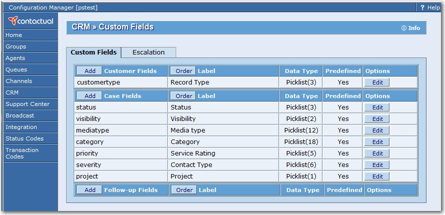Configuring the Contactual CRM with the CRM Page Use the CRM page to specify the Customer and Case fields used by the Contactual Customer Relationship Manager (CRM) to identify and characterize