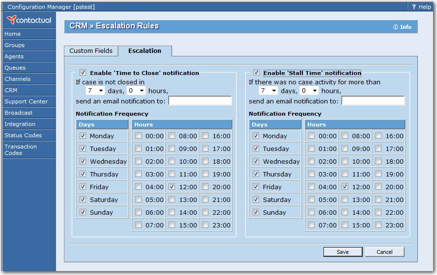 Figure 75: CRM page, Escalation tab Summary of CRM Escalation Tab Options Table 51