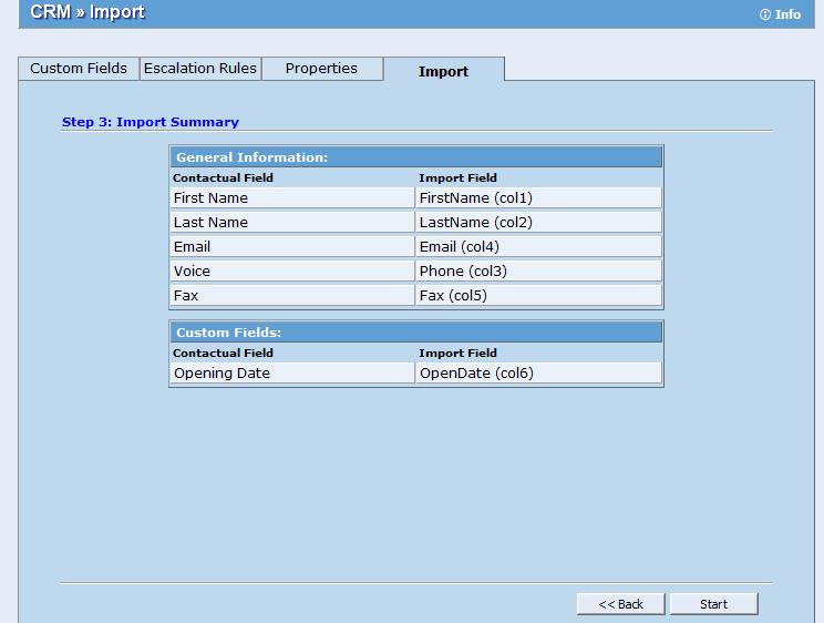 Figure 81: CRM page, Import tab, Import Summary Click Start to initiate the import or