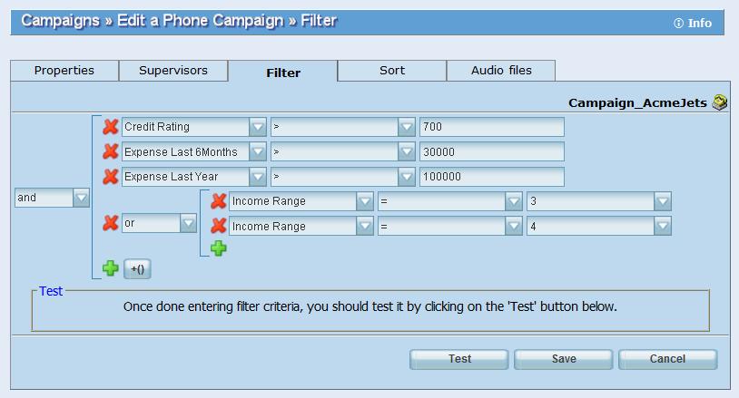 Figure 103: Campaigns page, Search tab 4. Click Test to validate the search criteria. If the test passes, you have defined a valid filter.