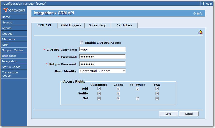 Figure 112: Integration tab, CRM API page To completely configure bi-directional exchange of information to and from a third-party process and the Contactual CRM database, use the CRM Triggers page