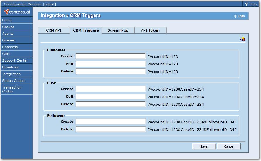 Configure Third-party CRM Triggers with the CRM Triggers Tab Use the Integration page, CRM Triggers tab, to transmit URLs from the Virtual Contact Center to a third-party process when Contactual CRM