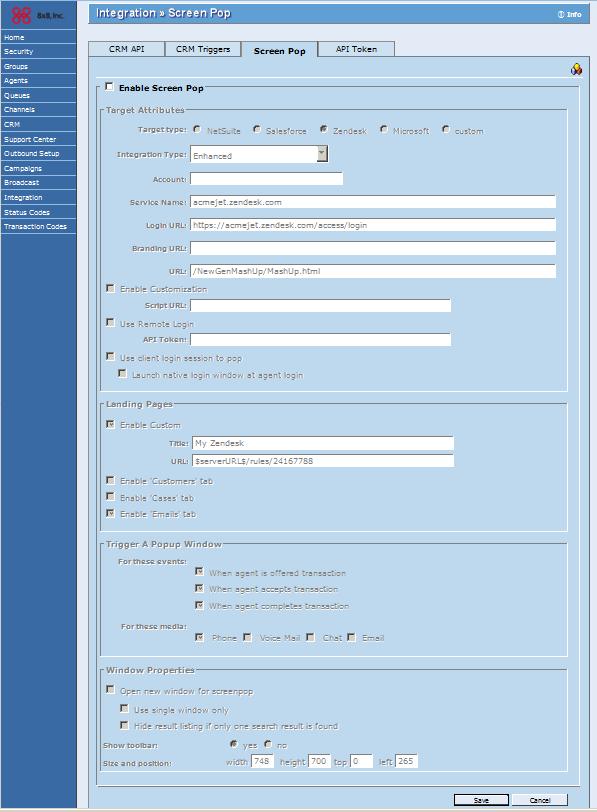 Figure 115: Integration page, Screen Pop tab Summary of Screen Pop Tab Options Table 64 summarizes the options