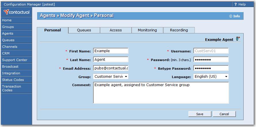 1. In the Configuration menu click Agents. Configuration Manager displays a list of agents (Figure 23). 2. In the list of agents, click Edit, then click the Personal tab.