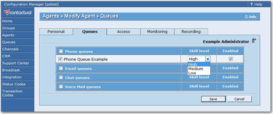 Figure 25: Agents page, Queues tab Summary of Agents Queues Tab Options Table 15summarizes the options available in the Agents page, Queues tab.