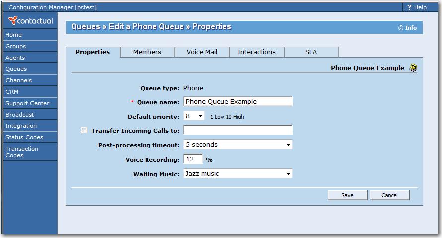 Editing Phone Queue Preferences with the Properties Tab Use the Phone Queue, Properties tab to specify the primary properties of the phone queue. To display the Properties tab: 1.