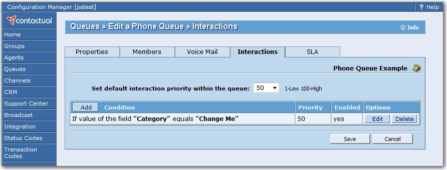Summary of Phone Queue Voice Mail Tab Options Table 23 summarizes the options available in the Phone Queue page, Voice Mail tab.