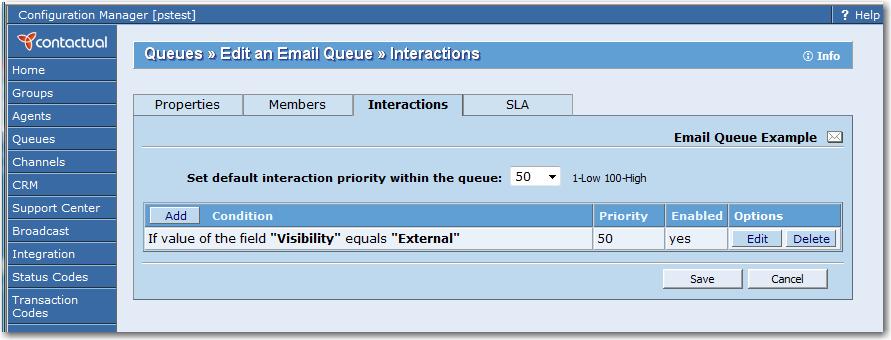 Figure 42: Email queue, Interactions tab Summary of Email Queue Interactions Tab Options Table 28 summarizes the options available in the Email Queue page, Interactions tab.
