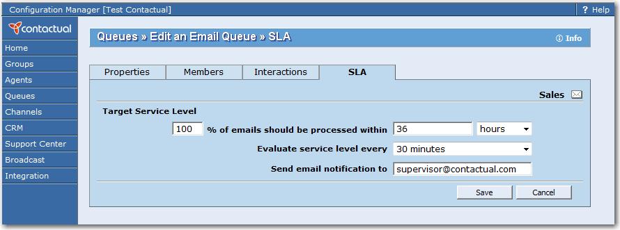 1. In the Configuration menu click Queues. Configuration Manager displays a list of queues (Figure 34). 2. In the list of email queues, click Edit, then click the SLA tab.