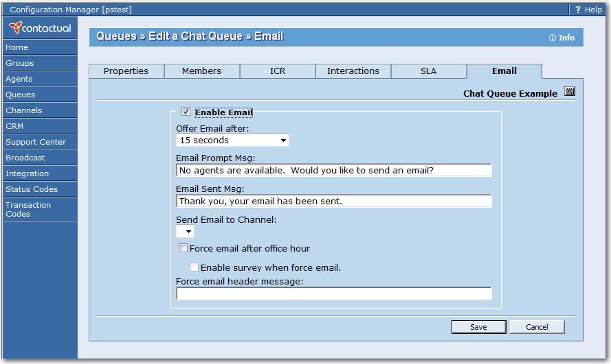 Figure 49: Chat queue, Email tab Summary of Chat Queue Email Tab Options Table 35