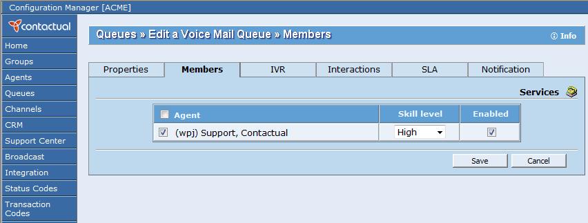 Figure 51: Voice Mail queue, Members tab Summary of Voice Mail Queue Members Tab Options Table 37 summarizes the options available in the Voice Mail Queue page, Members tab.