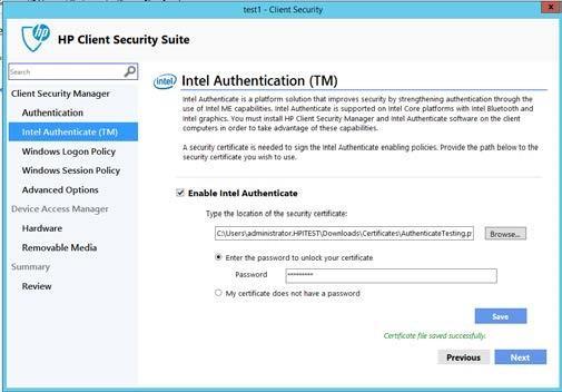 8.5.2 Intel Authenticate tab This tab allows you to configure Intel Authenticate, if Intel Authenticate Engine is installed.