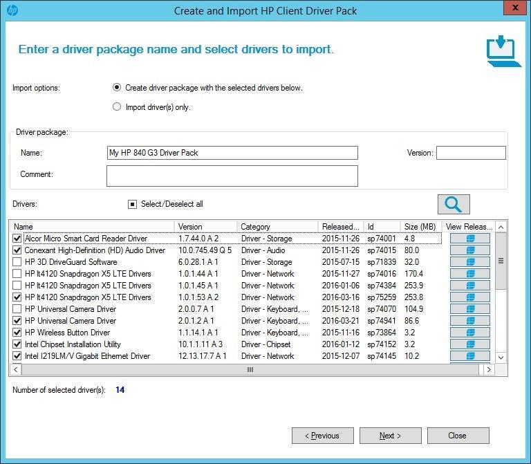 7. Click Next. 8. By default, the Create driver package with the selected drivers below import option is selected. This creates a driver package for the selected drivers. a. Enter a Name for the driver package.