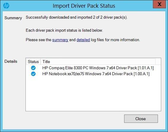 Figure 51 HP Import Driver Pack Status Window The imported driver packs are created in Driver Packages > HP Client Driver Packages.