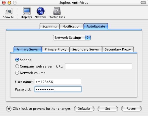 3. At the top of the AutoUpdate tabbed page, on the pop-up menu, choose Network Settings. Click the Primary Server tab.