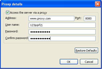 3. In the Proxy details dialog box, select Access the server via a proxy. Then type the proxy server address and port number.