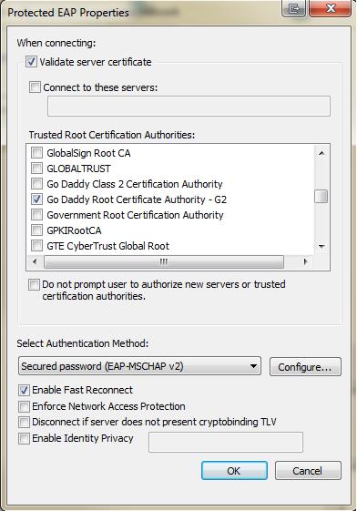 9. Click to the Security tab. Make sure the authentication method is Protected EAP (PEAP) and then click the Settings button. 10. Check the box to Validate Server Certificate.