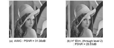 To get an idea of the impact on image quality, we next present visual comparisons of two versions of the image obtained. The PSNRs of the two images are 31.08 db (AWIC) and 28.