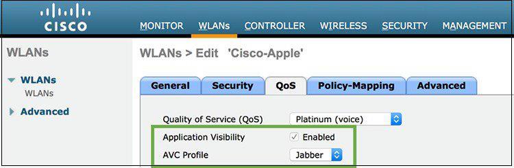 Figure 18. Enabling AVC on the WLAN, and applying the AVC Profile Navigate to WLANs > QoS tab for the WLAN SSID.