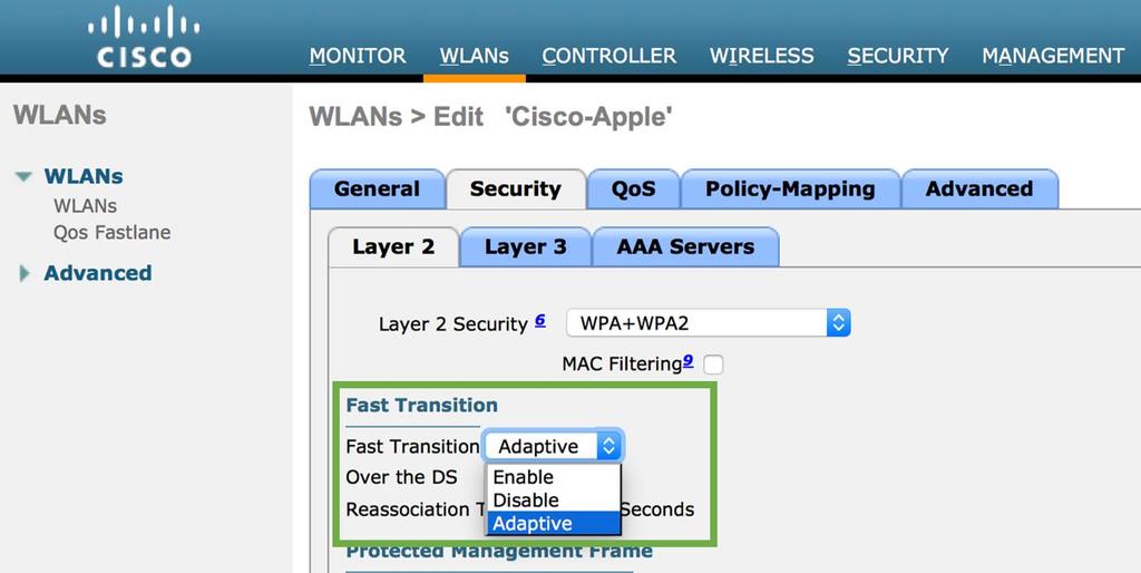Figure 22. Enabling Adaptive 802.11r on the WLAN Figure 23. An ios device running ios 10 or above automatically gets the Adaptive 802.11r configuration from a controller running 8.