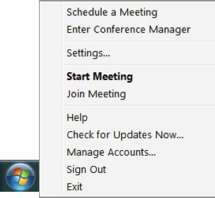 From the desktop icon, options include: Schedule meeting Start meeting Enter Conference Manager Start meeting Click start meeting to launch the Unified Meeting 5 application, or alternatively, click