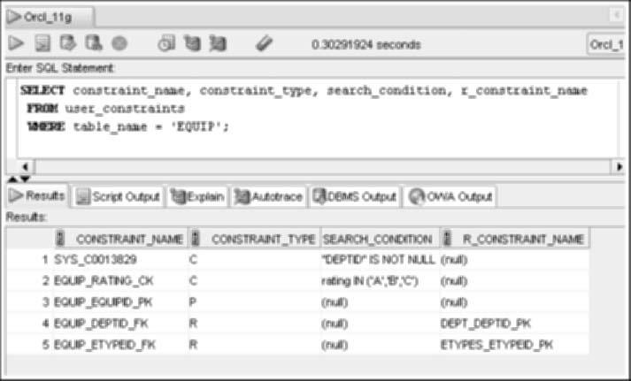 121 FIGURE 4-33 SELECT statement to view data about existing constraints In the results, note the columns listed: The first column referenced, Constraint_name, lists the name of any constraint in the