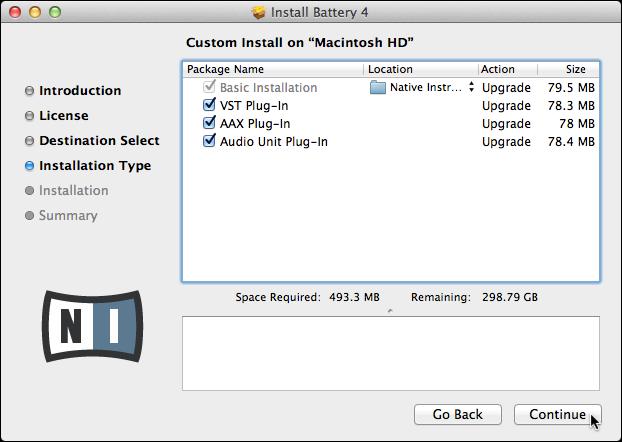 Software Installation Installation on Mac OS X The components selection screen of the installation program. Basic Installation: This installs the BATTERY software along with its documentation.