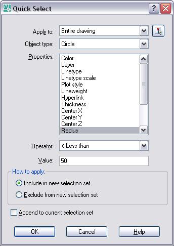 If you have many objects in your drawing and you want to change the characteristics of a specific group you might use the Quick Select option.