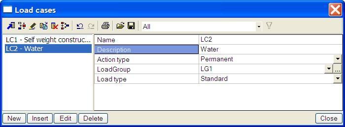 Defining a second load case 1. Click on or on to make a second load case. 2. Water is entered as a description: 3. Click [Close] to close the Load cases manager.