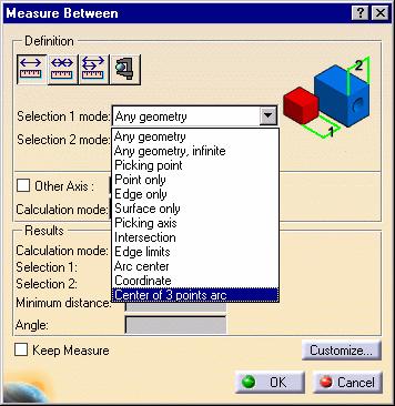 Measure Between This procedure describes how to use the Measure Between command. 1. From the Measure dialog box, select the Measure Between command. 2.