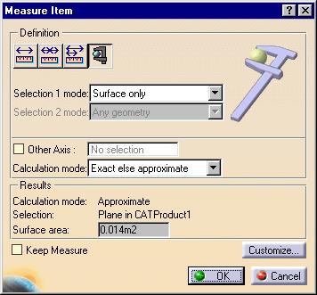 The dialog box gives information about the selected item, in our case a surface, and indicates whether the result is an exact or approximate value.