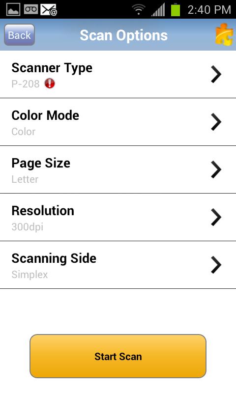 Scan Options After pressing the Scan button, users can select Scan options. Back Press Back button to return back to Upload tab.