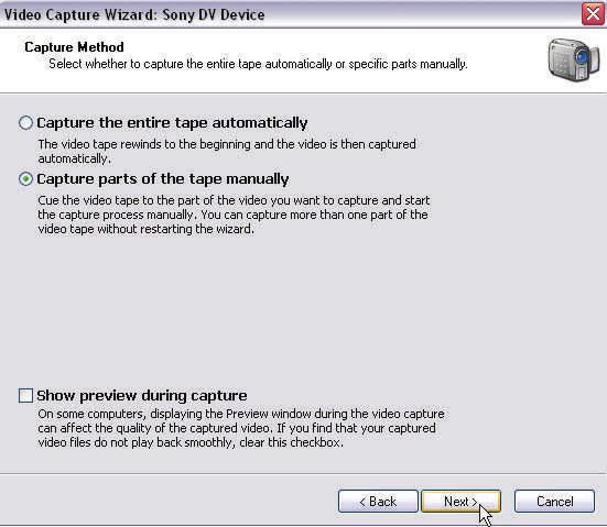 Select Capture Parts of the Tape Manually and de-select Show Preview During Capture: this
